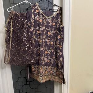 Floral Embroidered Purple Dress with Matching Shawl